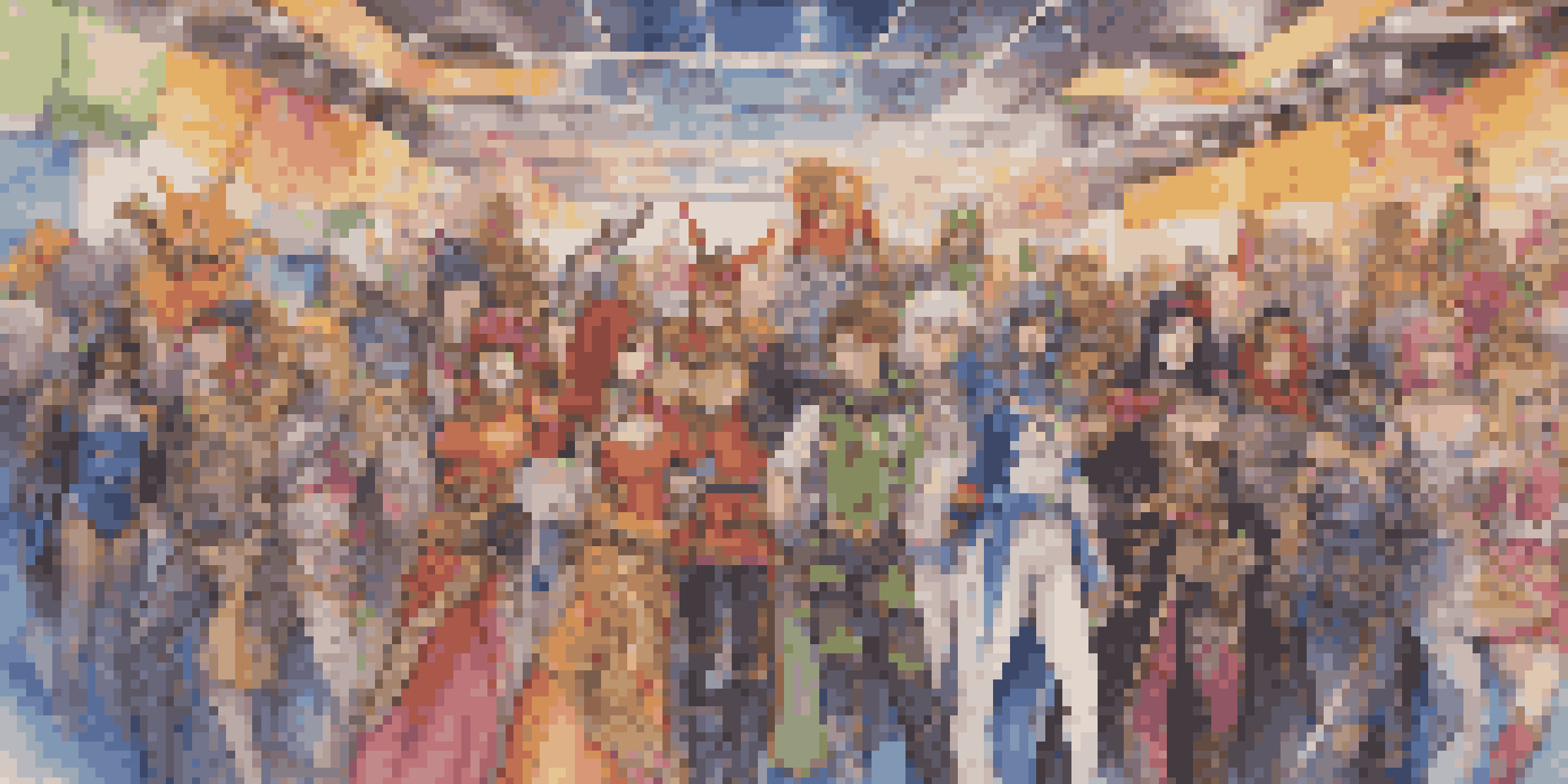 A lively convention scene with diverse cosplayers in detailed costumes, surrounded by colorful banners and soft lighting.