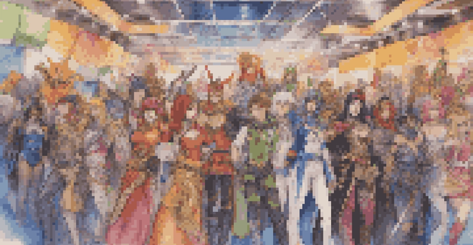 A lively convention scene with diverse cosplayers in detailed costumes, surrounded by colorful banners and soft lighting.
