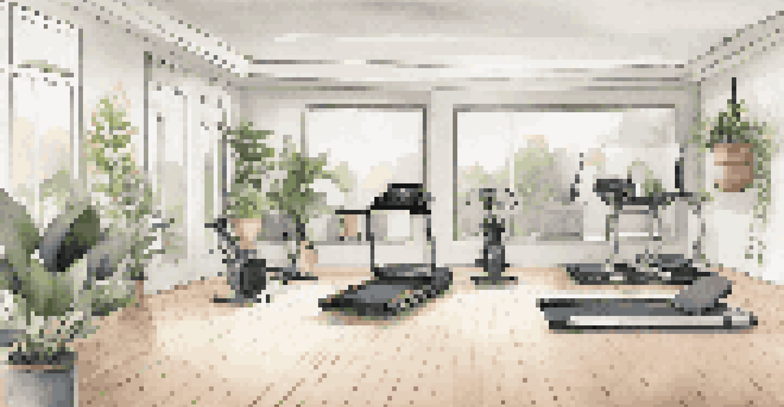 A stylish and minimalistic home gym layout with equipment arranged for efficiency, featuring mirrors, plants, and a sound system.