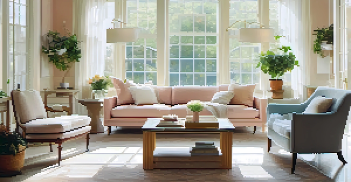 A bright living room with large windows and sheer curtains, decorated with pastel colors and plants, creating an inviting atmosphere.