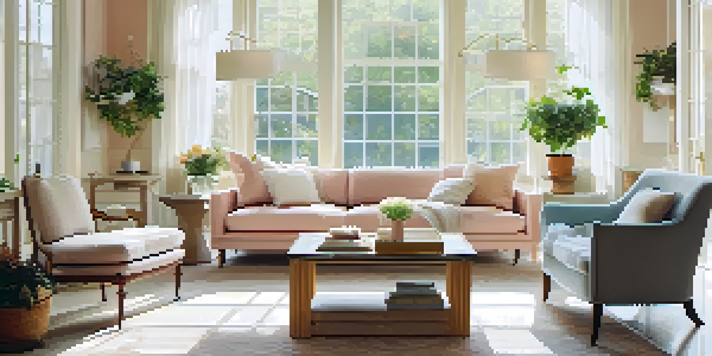 A bright living room with large windows and sheer curtains, decorated with pastel colors and plants, creating an inviting atmosphere.
