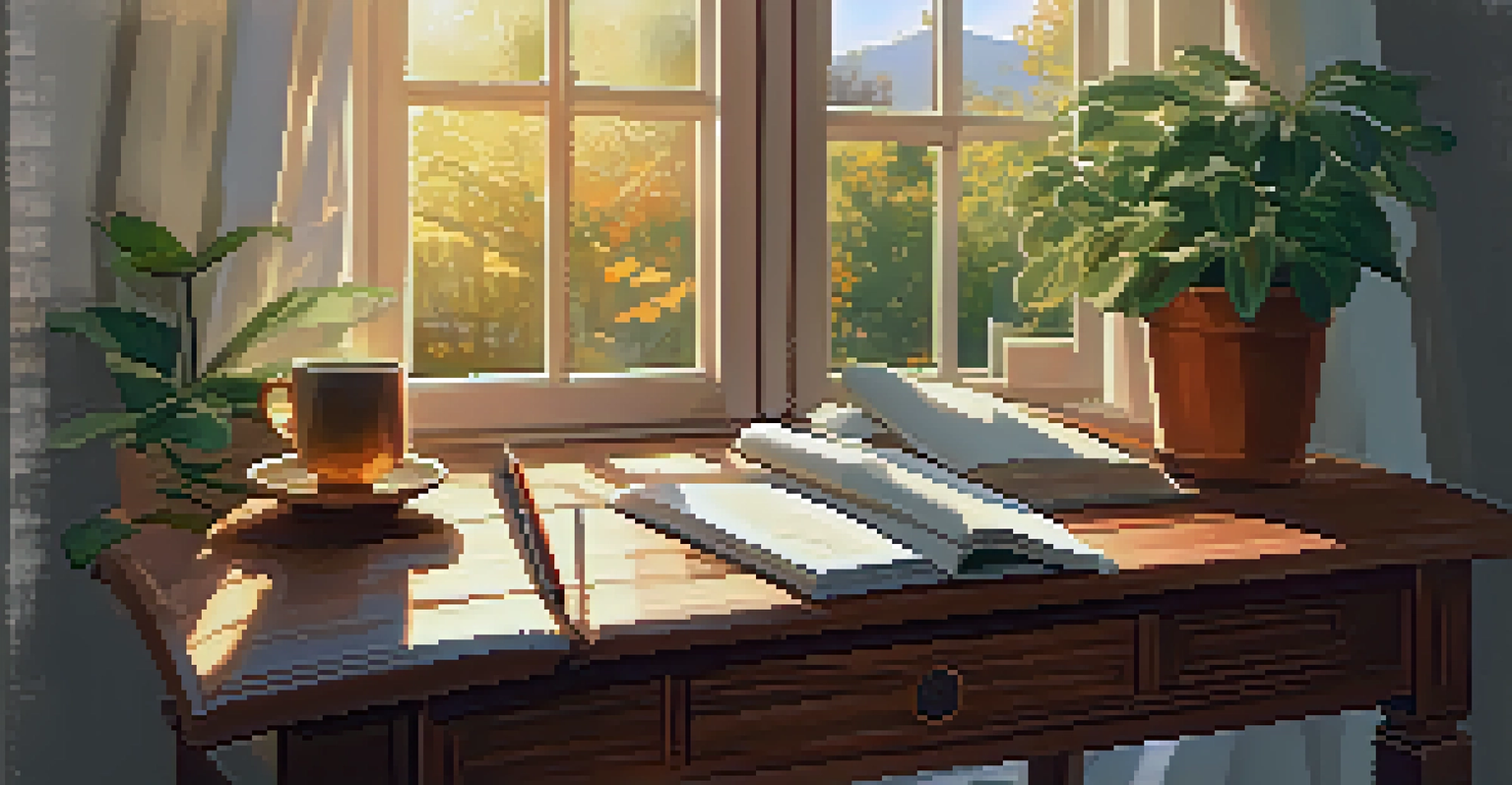 A cozy writing space with a desk, open journal, a cup of tea, and sunlight streaming through a window.