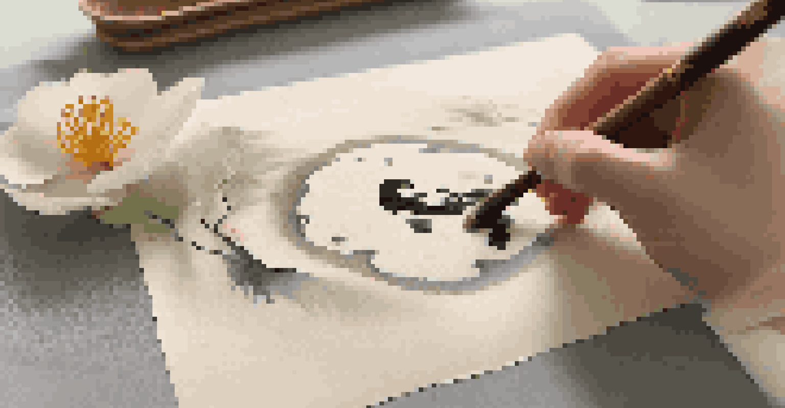 An artist using a traditional brush to create calligraphy on rice paper, surrounded by an ink stone and flowers, in soft light.