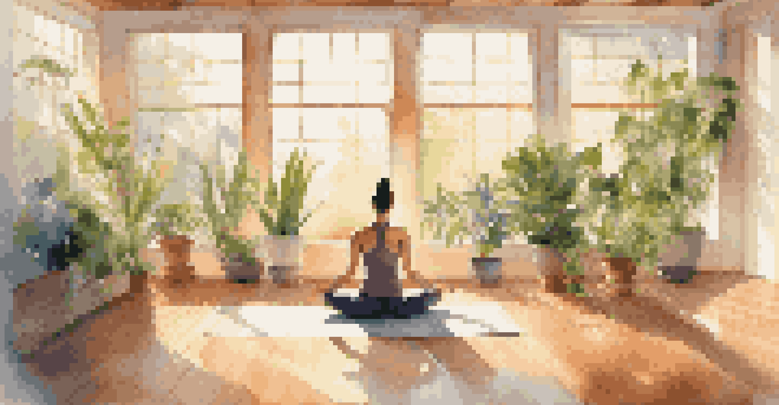 A peaceful yoga studio with a person practicing yoga in a serene environment filled with natural light and greenery.