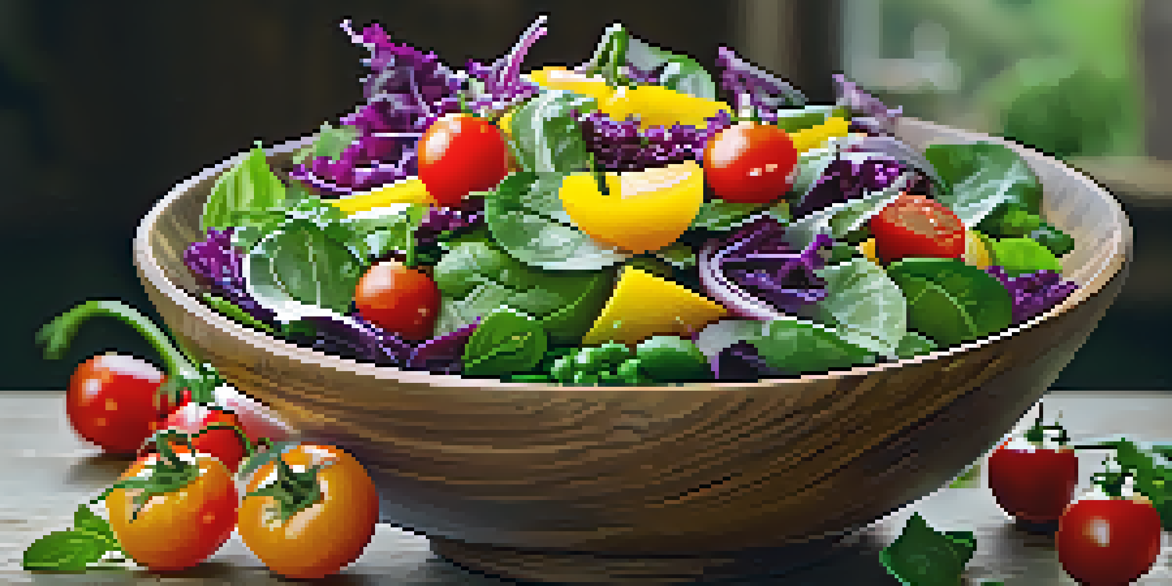 A close-up view of a colorful salad with cherry tomatoes, bell peppers, spinach, and cabbage in a wooden bowl, illuminated by natural light.