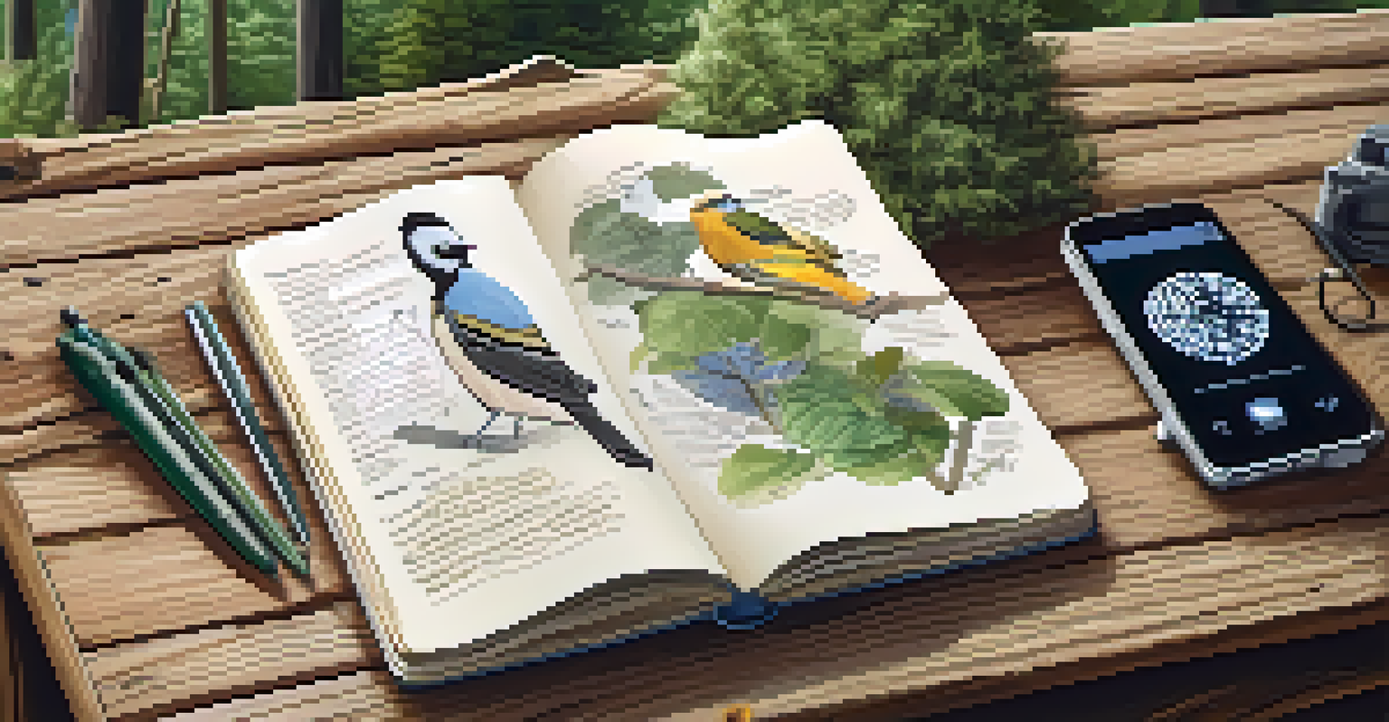 A close-up of a birdwatching notebook with sketches and notes, alongside binoculars and a smartphone in a forest setting.