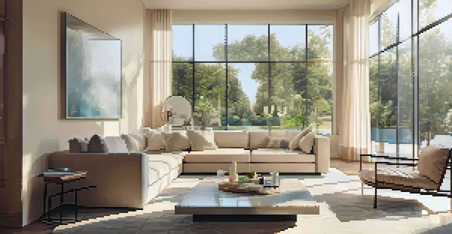 A modern living room with light walls and reflective surfaces, illuminated by natural light, showing a beige sofa and mirrors enhancing brightness.