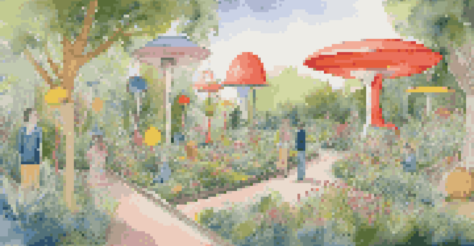An imaginative garden art installation with colorful sculptures and sound-generating objects, designed to engage visitors in a playful atmosphere.