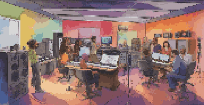 A modern recording studio with diverse voice actors discussing ideas around a large table filled with script pages and tablets.