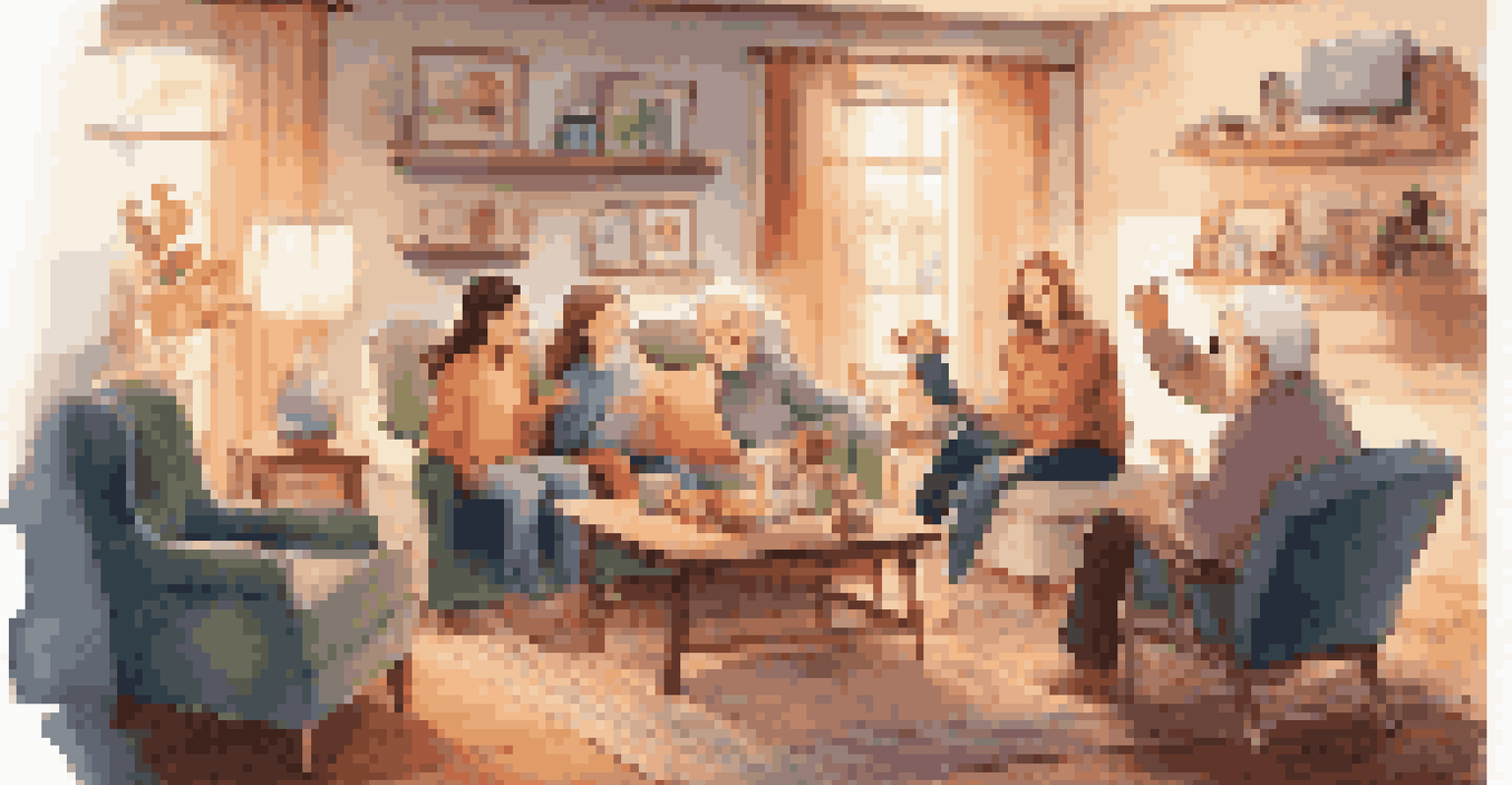 A family in a cozy living room enjoying a video call with grandparents on a smart TV, filled with laughter and warmth.