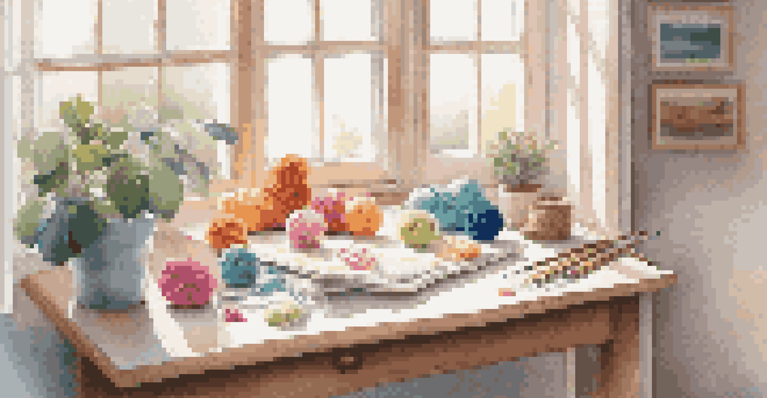 A crochet workspace with pastel yarn balls, various crochet hooks, and a plant, illuminated by sunlight, with an open crochet pattern booklet on the table.