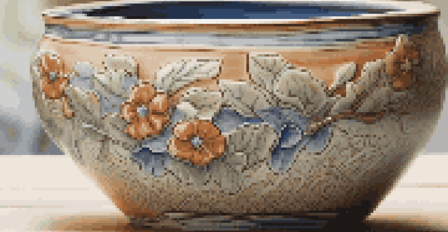 A close-up of a detailed slip-cast ceramic piece with floral designs and a glossy glaze finish.
