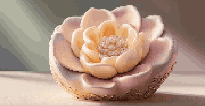 A soap sculpture shaped like a delicate flower, with warm lighting showcasing its details against a pastel gradient background.