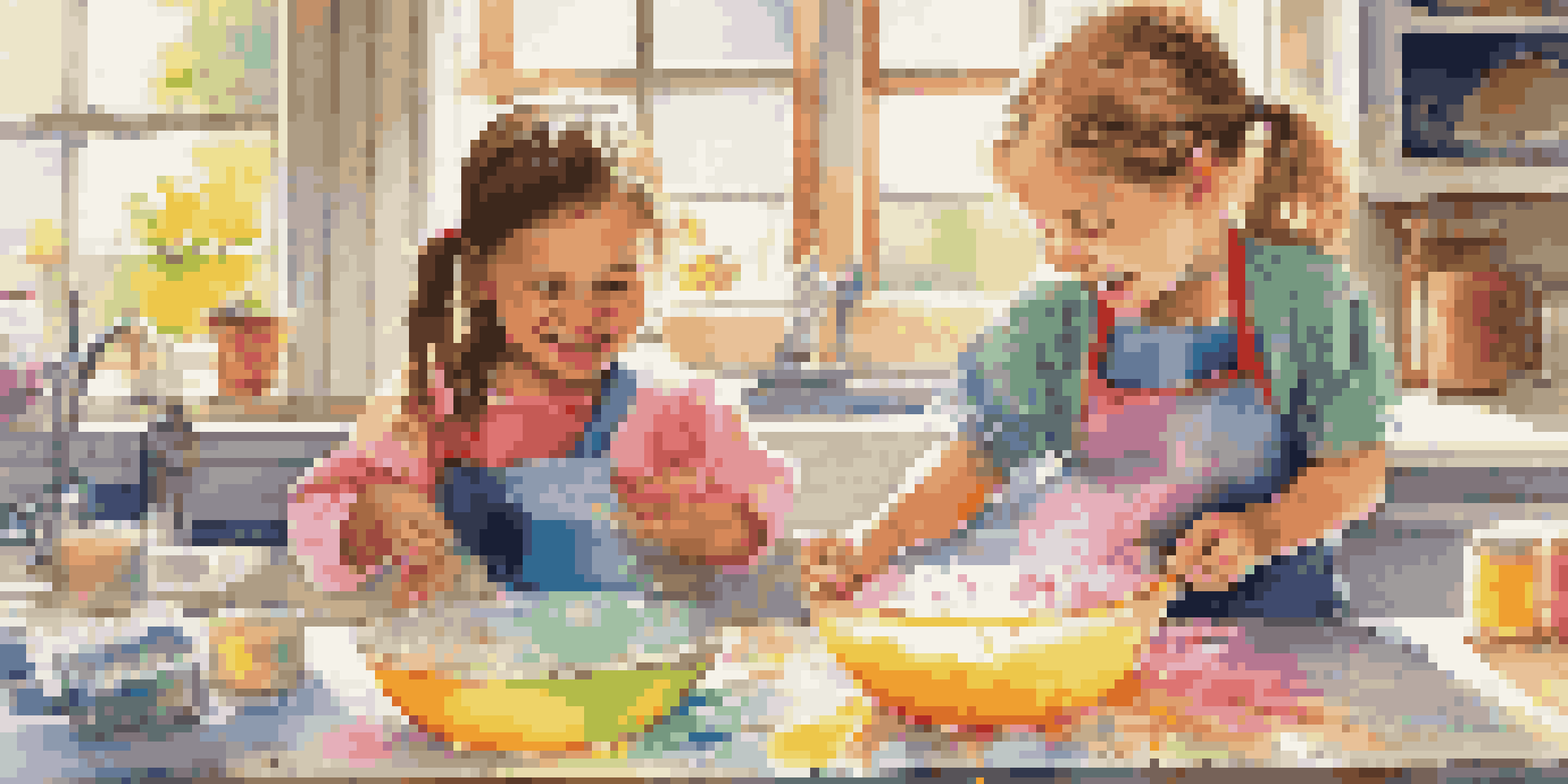 Two children in a bright kitchen, mixing melted soap base with colorful ingredients, surrounded by soap molds and vibrant colors.
