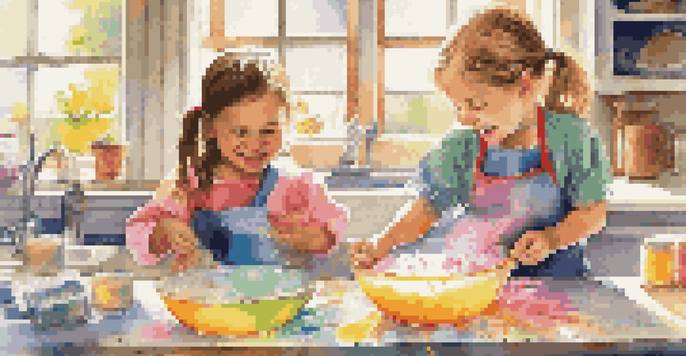 Two children in a bright kitchen, mixing melted soap base with colorful ingredients, surrounded by soap molds and vibrant colors.