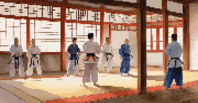 A peaceful dojo with practitioners training in colorful uniforms, surrounded by traditional martial arts equipment and natural light.