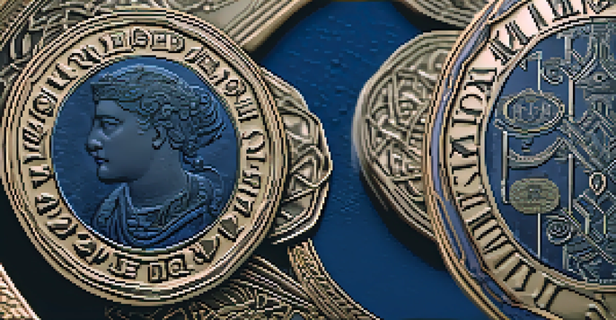 A detailed close-up of a minted coin with intricate engravings, illuminated by soft light against a dark gradient background.