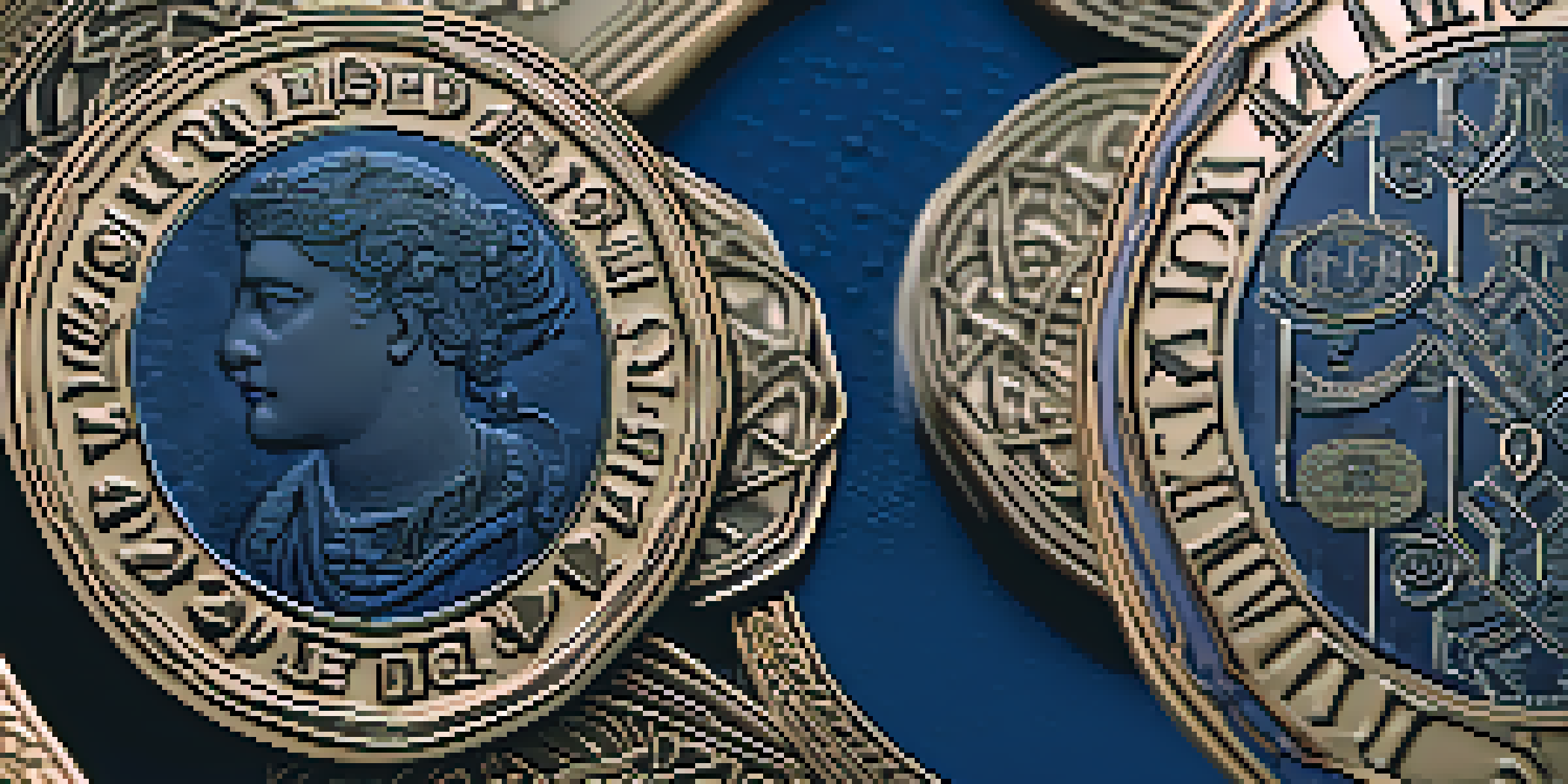 A detailed close-up of a minted coin with intricate engravings, illuminated by soft light against a dark gradient background.