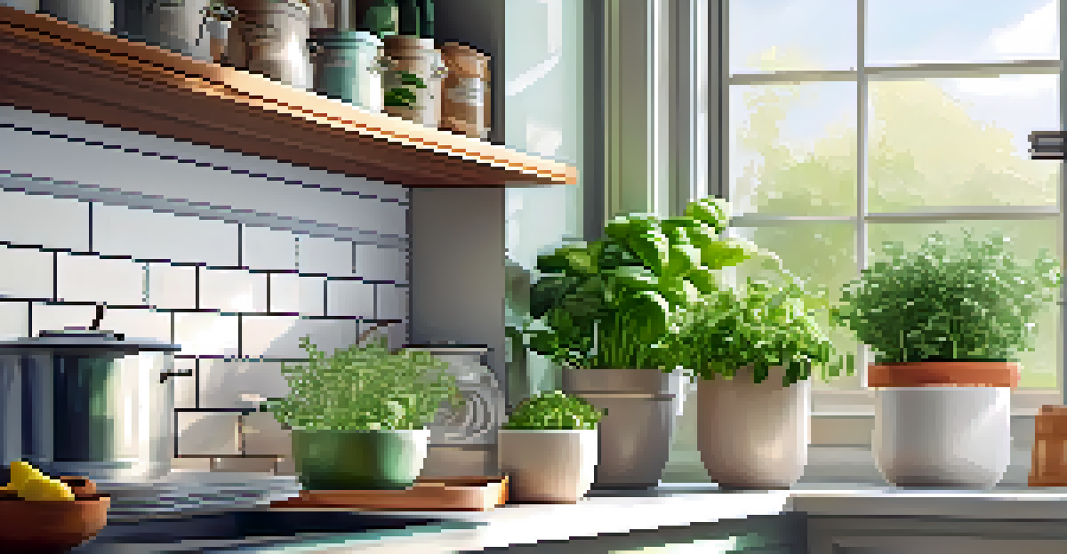 A bright kitchen with a small herb garden on the windowsill, featuring pots of basil, rosemary, and thyme under soft sunlight.