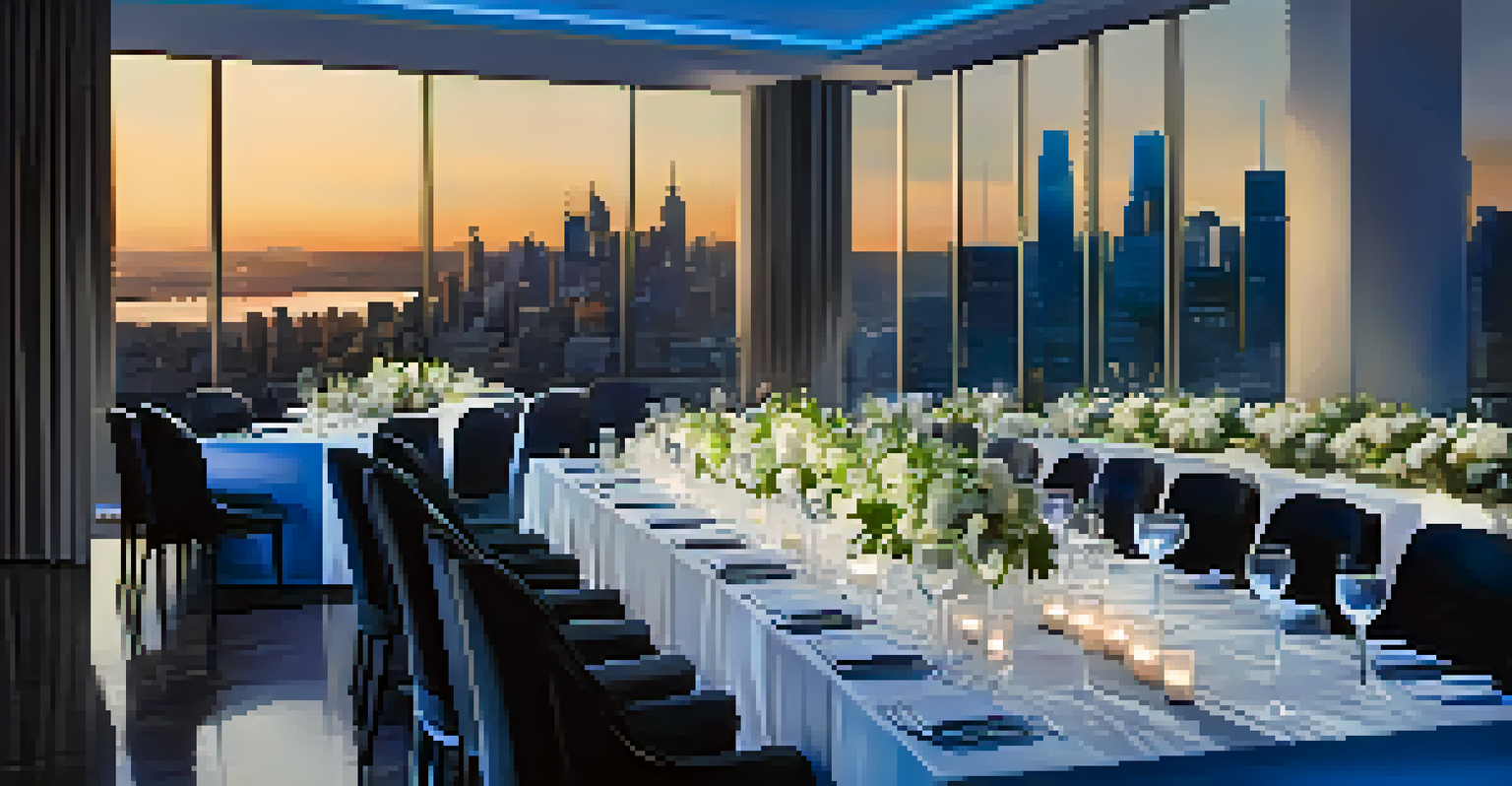 An indoor corporate event with a long table and calming blue lighting, featuring a city skyline view.
