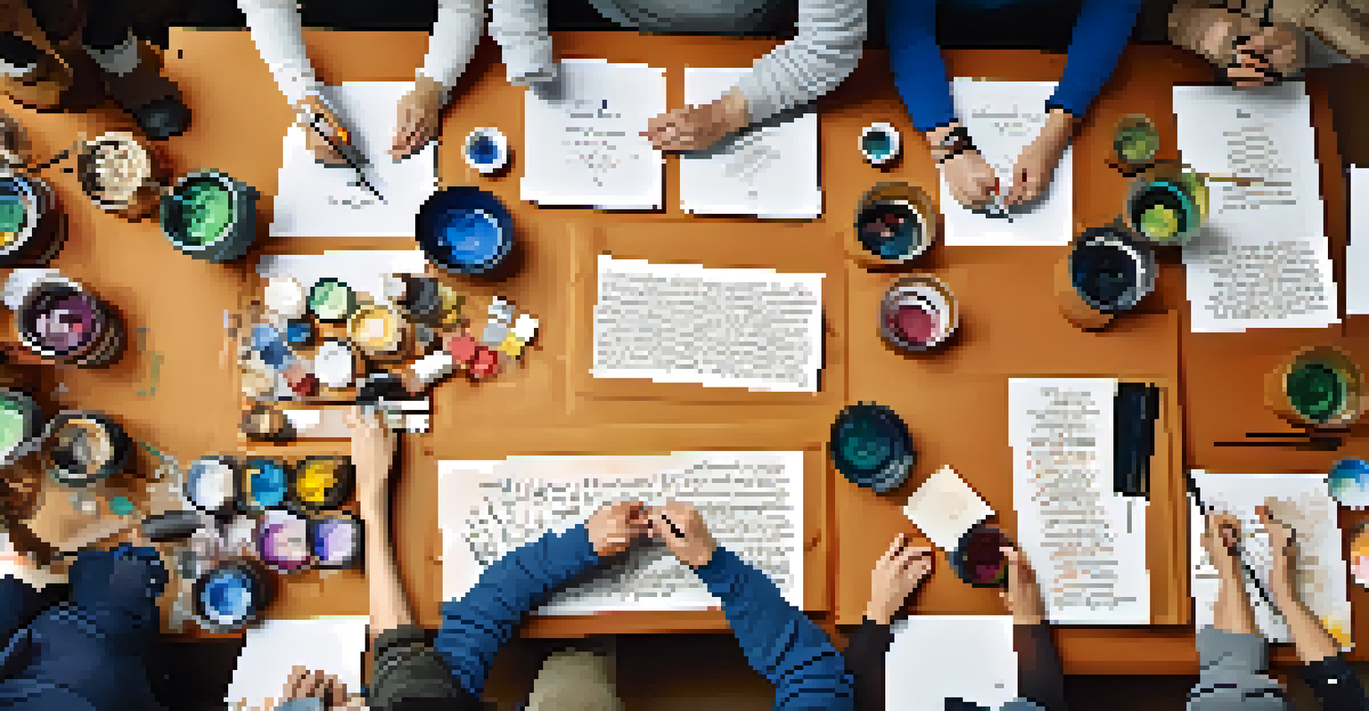 Participants engaged in a calligraphy workshop, using various tools and surrounded by colorful papers and quotes.