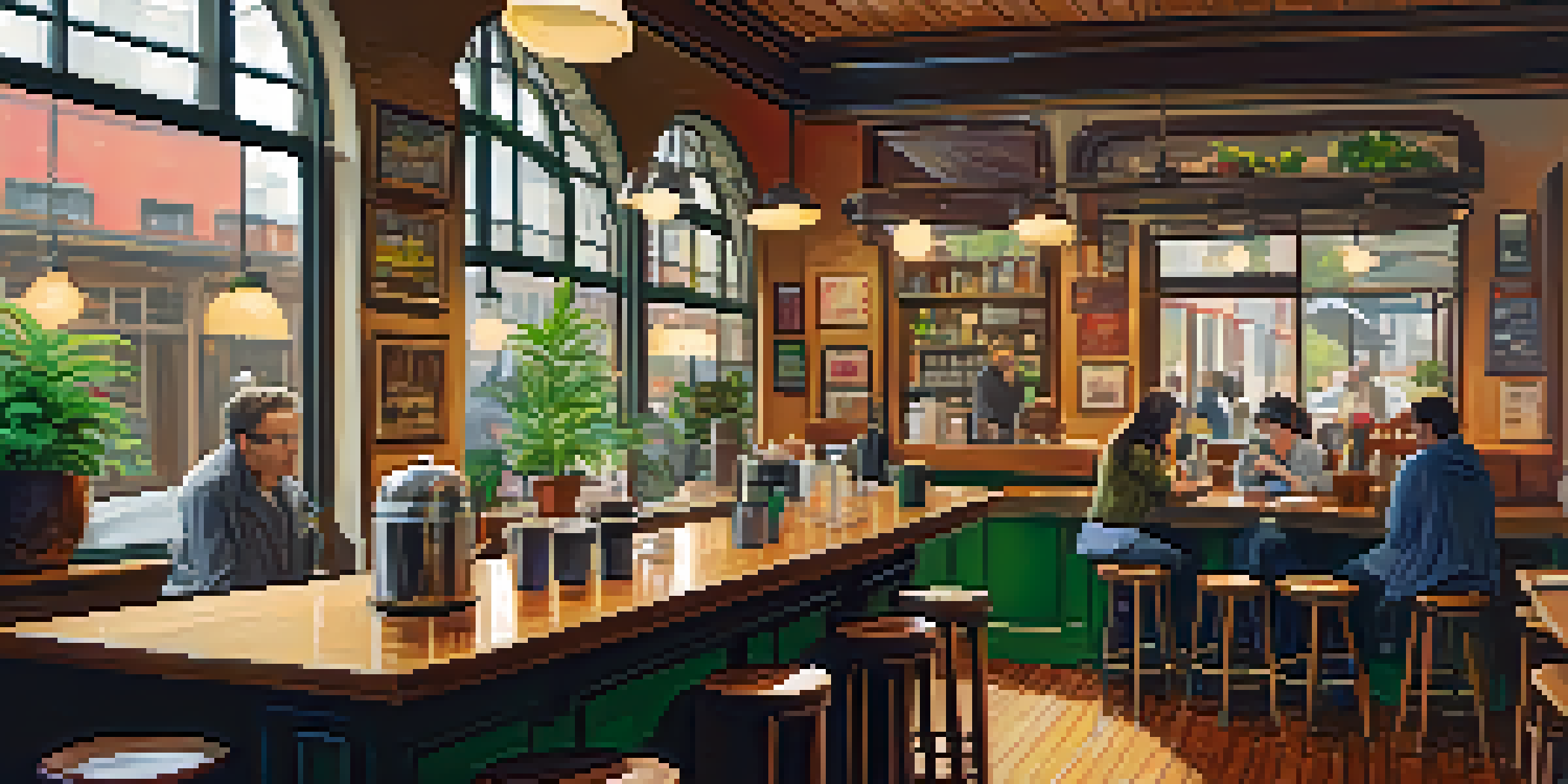A warm and inviting coffee shop filled with patrons chatting and reading, with sunlight streaming through the windows on a rainy day.