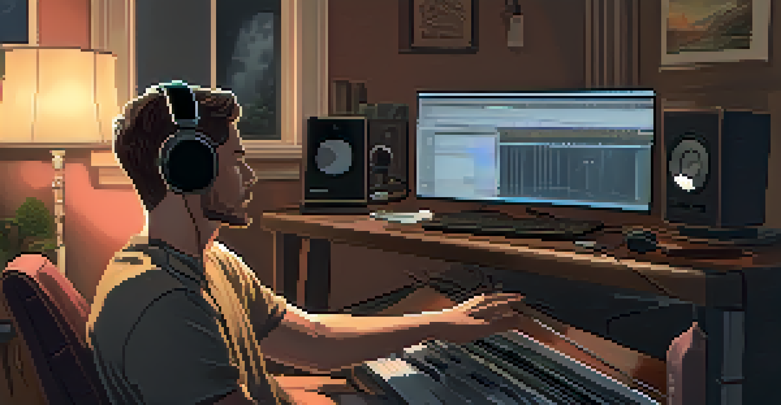 A voice actor warming up in a cozy home studio, practicing with a laptop and a glass of water.