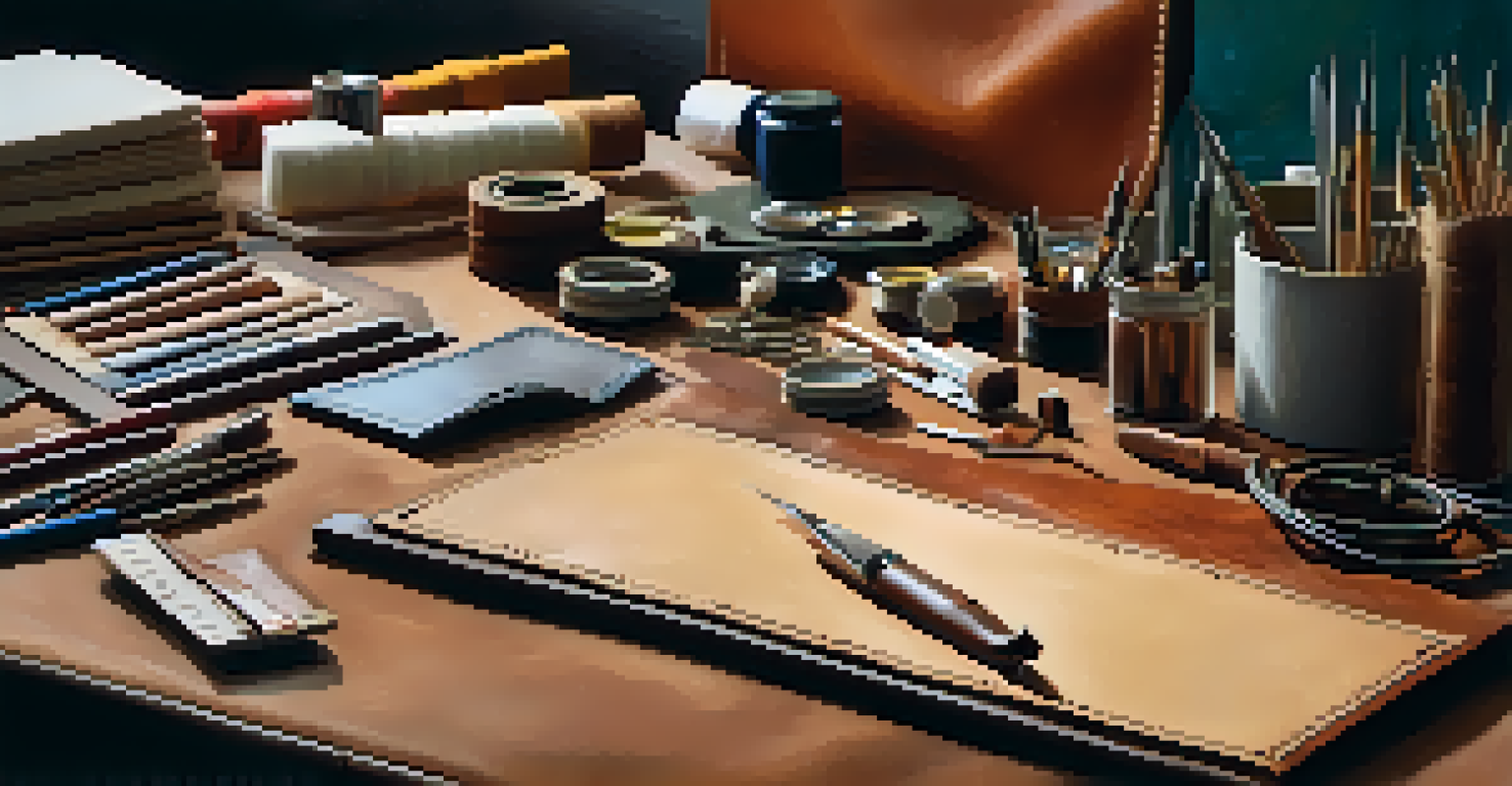 An artist's workspace with leather stitching tools and materials, illuminated by soft light.