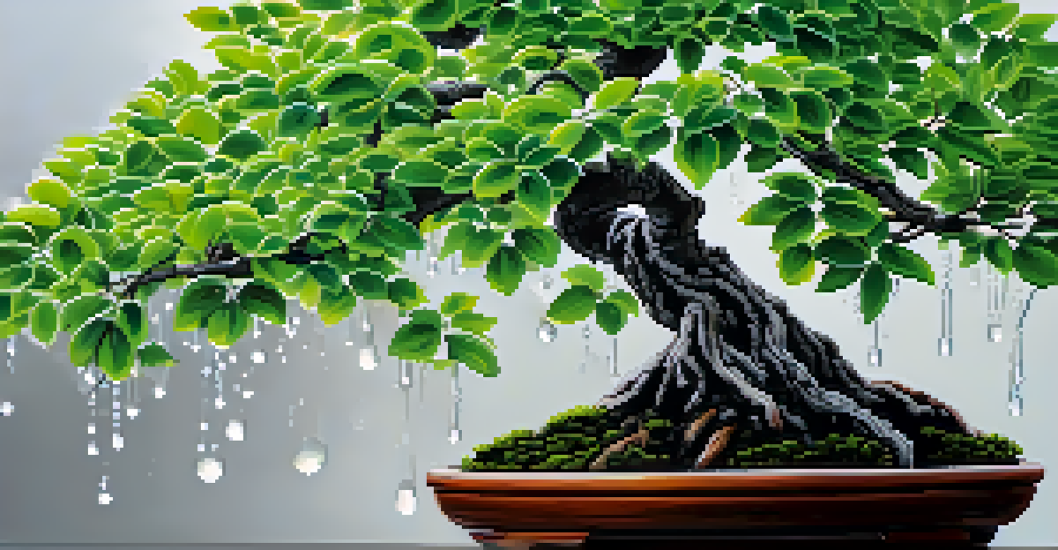 Close-up of a bonsai tree's vibrant green foliage and intricate branches with dew droplets shimmering on the leaves.
