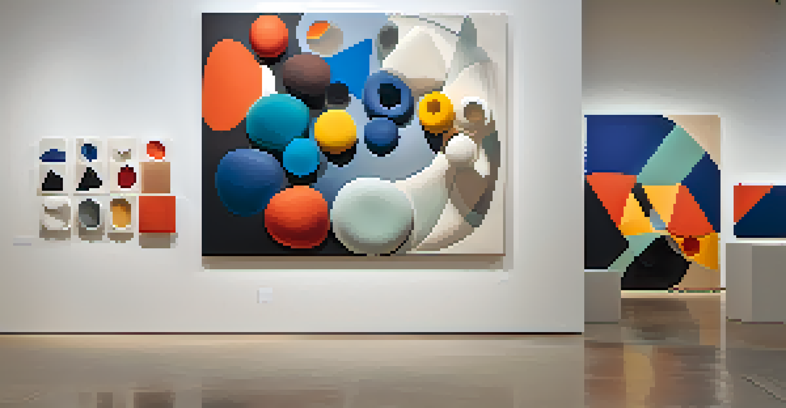 A modern ceramic art installation with abstract shapes and bold colors displayed in a contemporary gallery with soft lighting.