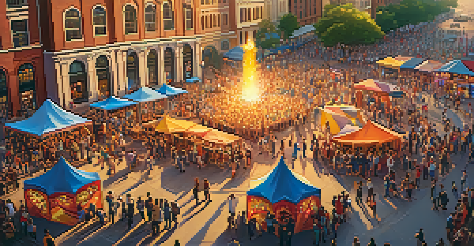 Aerial view of a vibrant public square filled with street performers and an enthusiastic crowd during a magic festival.