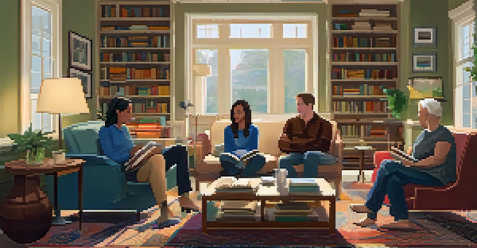 A cozy living room with a diverse group of people engaged in a book club discussion, surrounded by books and warm lighting.