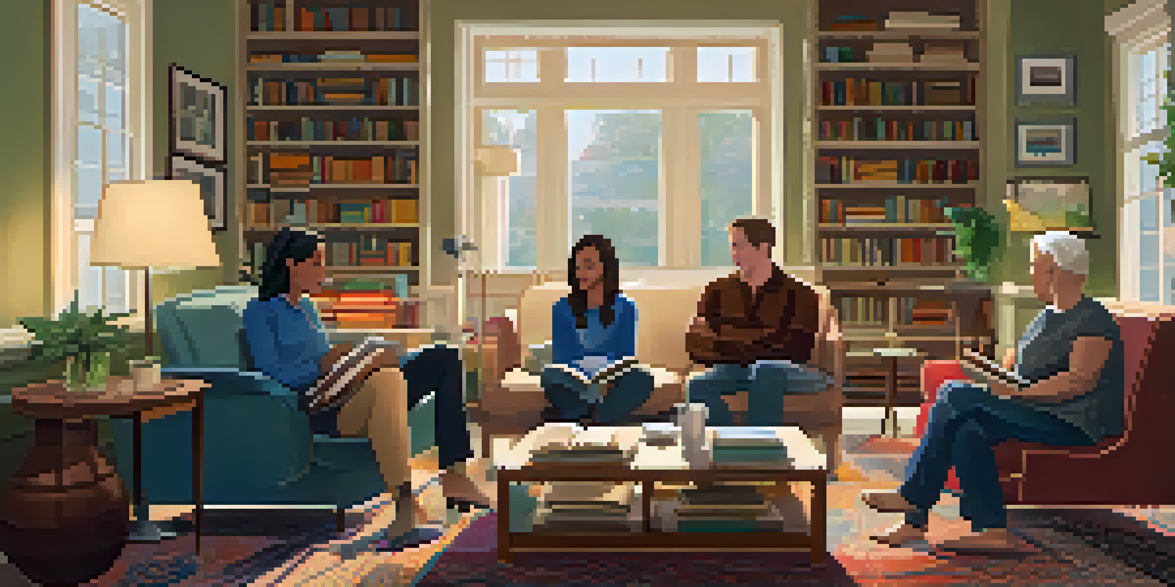 A cozy living room with a diverse group of people engaged in a book club discussion, surrounded by books and warm lighting.