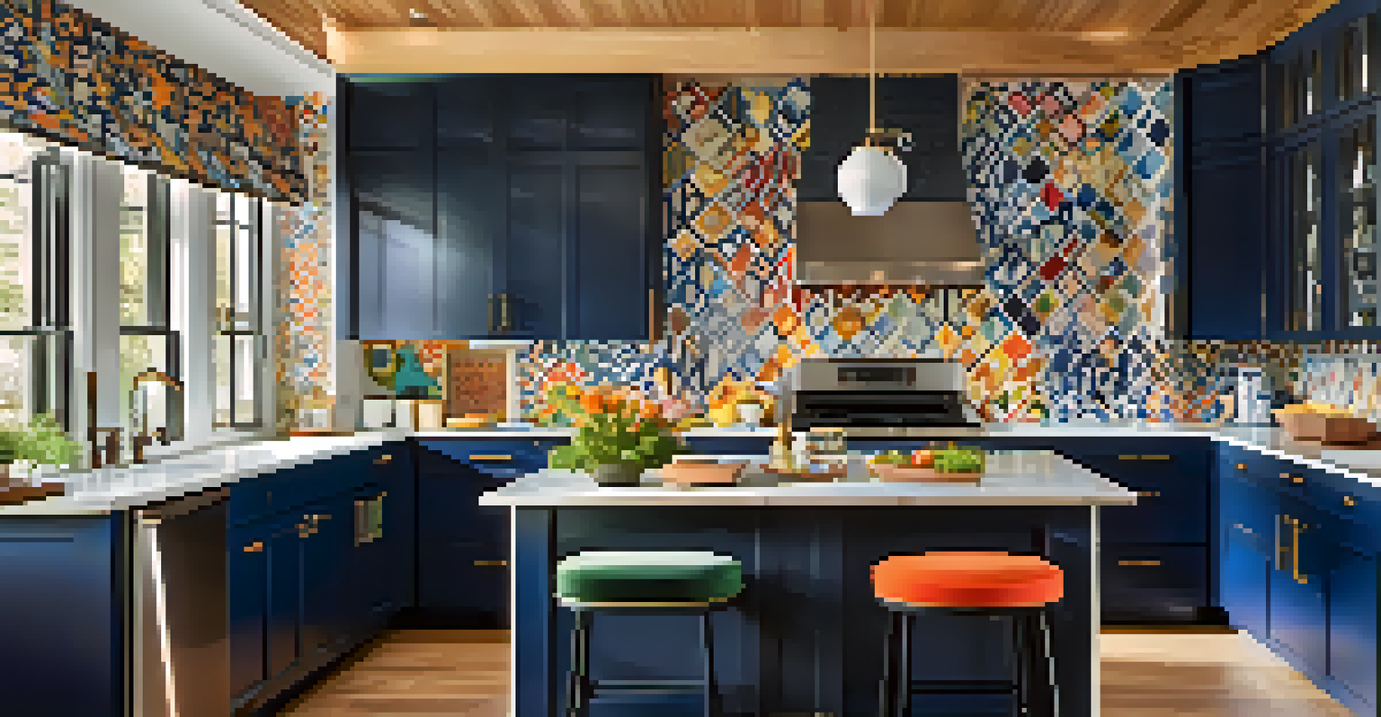 A lively kitchen with navy blue cabinets, colorful accents, and a patterned backsplash, illuminated by sunlight.