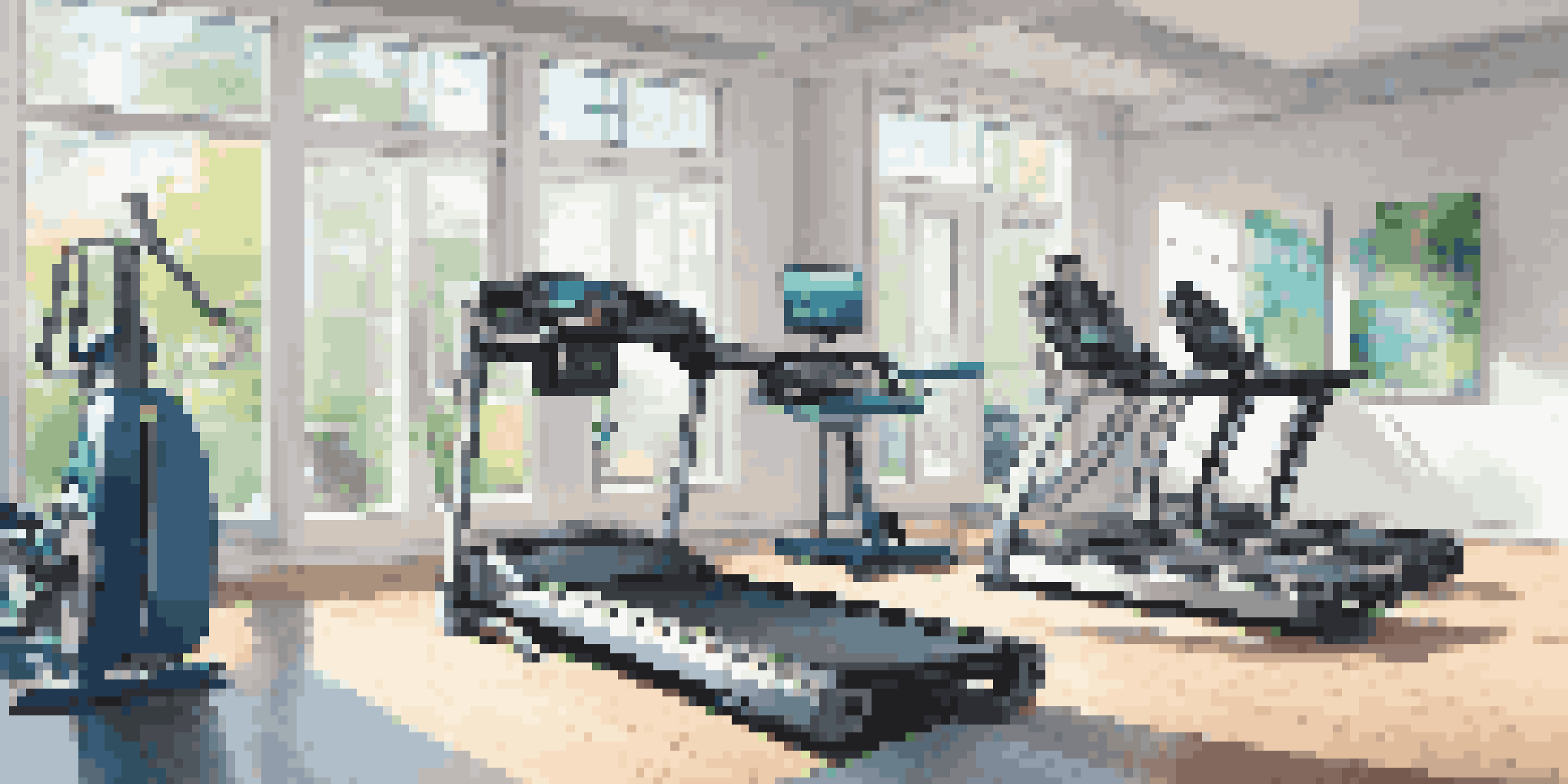 A bright and organized automated home gym with smart fitness equipment, including a treadmill and weights, illuminated by natural light.
