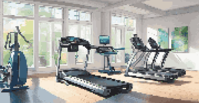 A bright and organized automated home gym with smart fitness equipment, including a treadmill and weights, illuminated by natural light.