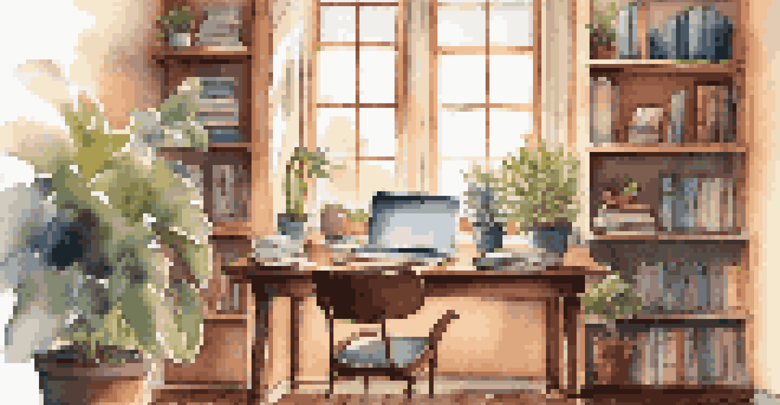 A warm and inviting home office with a wooden desk, a laptop, notebooks, a cup of coffee, and sunlight streaming through a window.