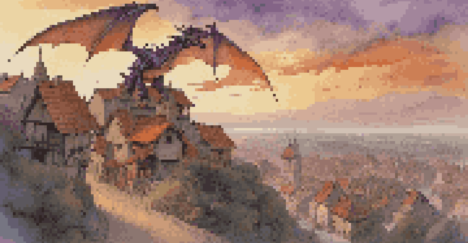 A dragon flying over a medieval village at sunset, with villagers looking up in awe. The sky is orange and purple, and smoke rises from cottages.
