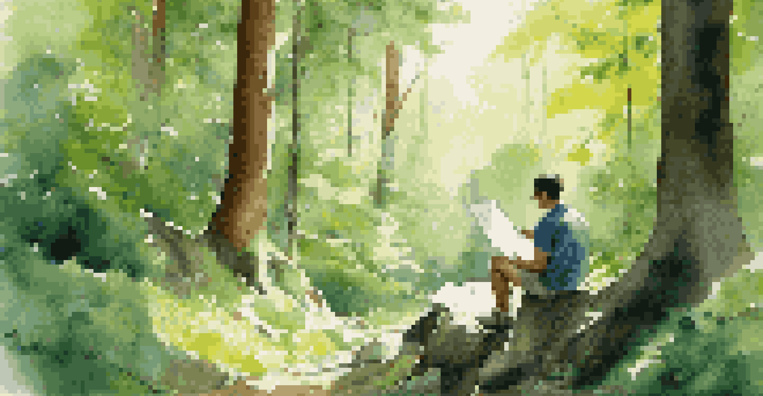 A person sitting on a rock in a forest, studying a topographic map unfolded on their lap, with sunlight filtering through the trees.