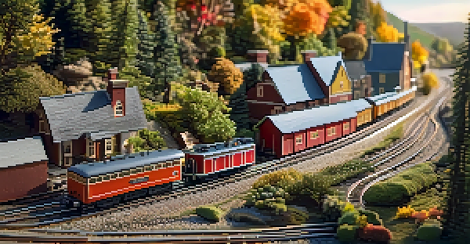 A model railroad with miniature trains moving through a colorful landscape, complete with hills, a small village, and detailed scenery under warm sunlight.