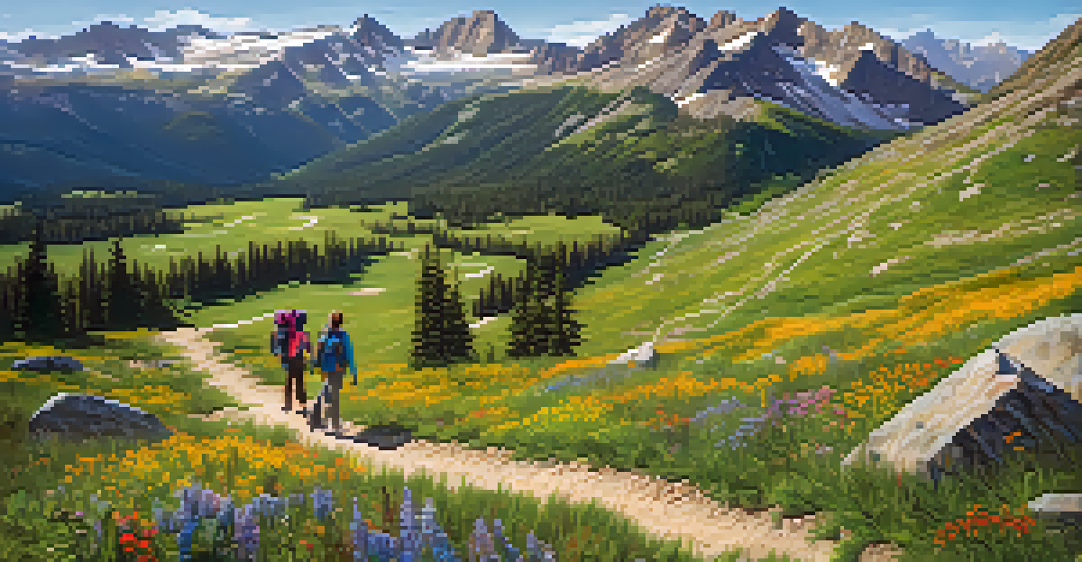 An aerial view of a mountain trail through a colorful meadow with hikers, surrounded by majestic mountains and a clear blue sky.