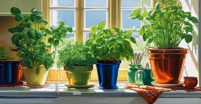 A bright kitchen with an indoor herb garden, showcasing lush basil, mint, and rosemary in colorful pots, with sunlight pouring in through a window.
