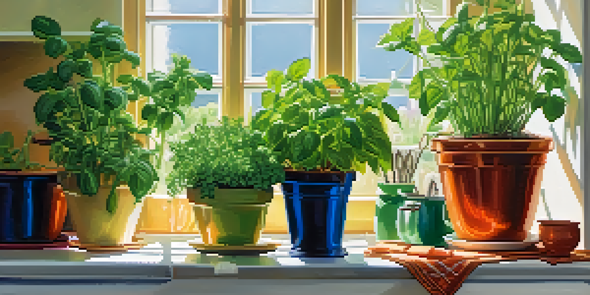 A bright kitchen with an indoor herb garden, showcasing lush basil, mint, and rosemary in colorful pots, with sunlight pouring in through a window.