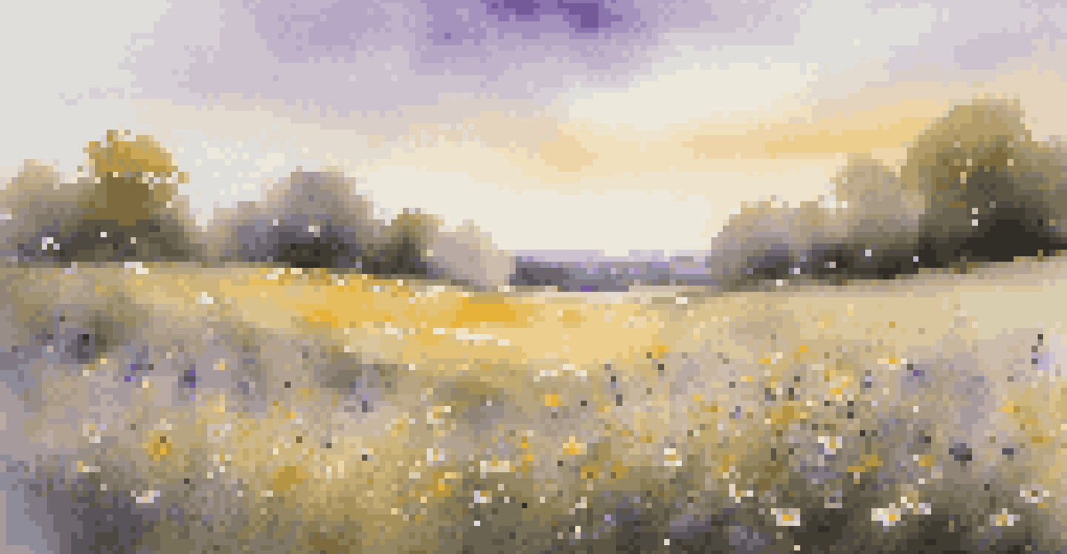 A field of colorful wildflowers illuminated by soft golden hour light, creating a peaceful scene.