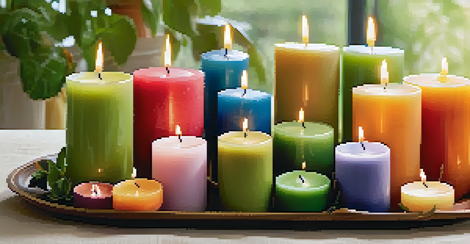 Vibrant, lit candles made with natural dyes on a decorative tray, surrounded by green plants, creating an inviting atmosphere.