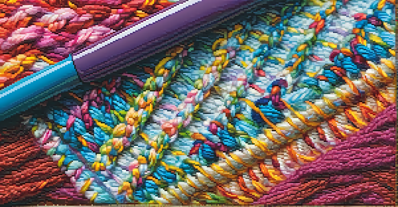 A close-up of a colorful knitted swatch being measured, surrounded by blurred yarn skeins.