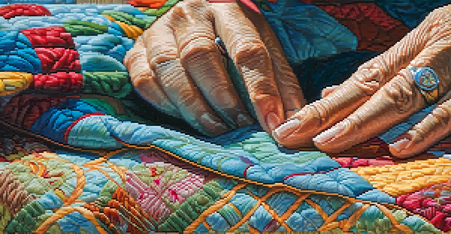Close-up of hands stitching a quilt with a needle and thread, focusing on the fabric texture and vibrant colors.