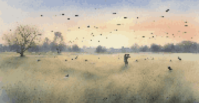 An open field with birds and binoculars on grass in the morning light.