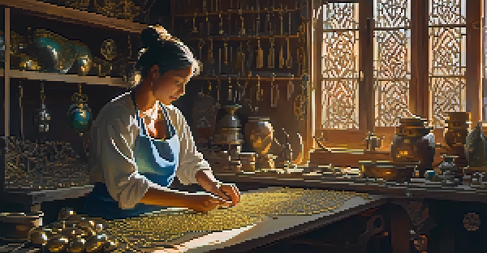 An artisan working on intricate gold jewelry in a bright workshop filled with tools and gemstones.