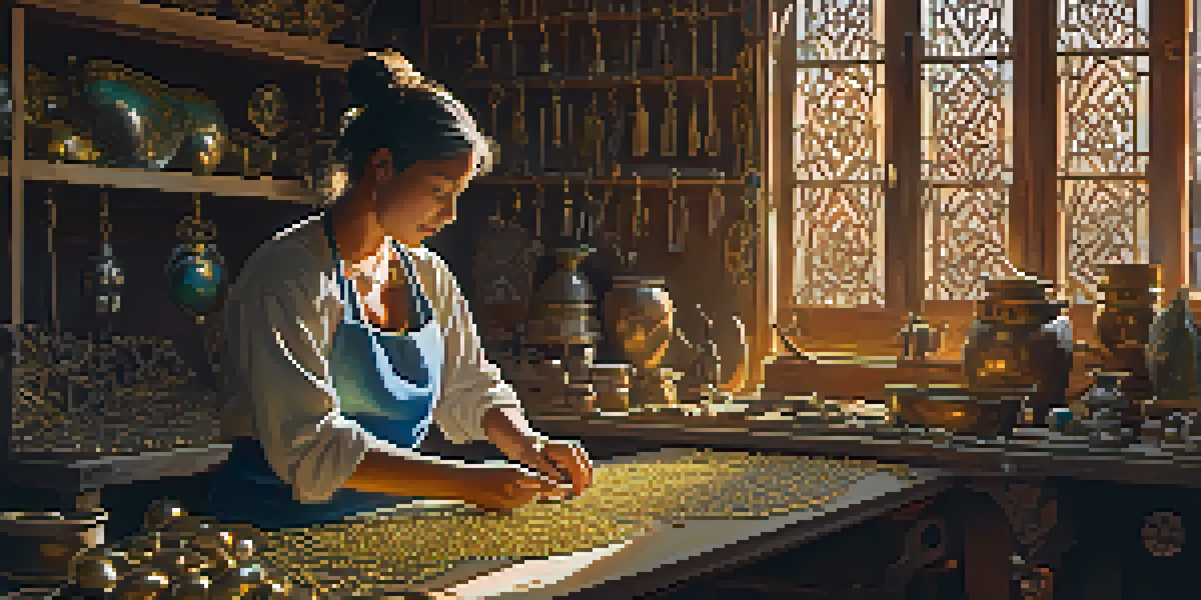 An artisan working on intricate gold jewelry in a bright workshop filled with tools and gemstones.